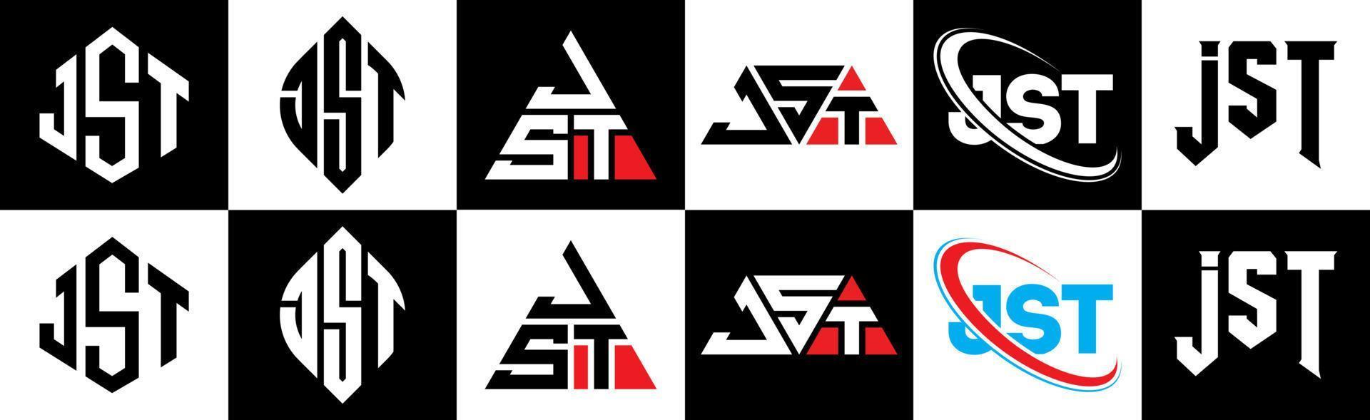 jst brief logo ontwerp in zes stijl. jst veelhoek, cirkel, driehoek, zeshoek, vlak en gemakkelijk stijl met zwart en wit kleur variatie brief logo reeks in een tekengebied. jst minimalistische en klassiek logo vector