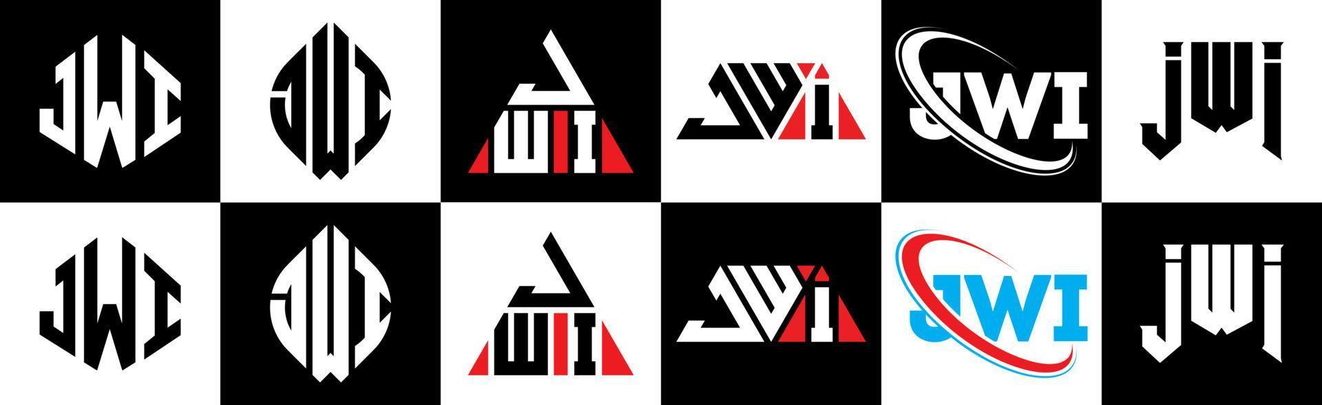 jwi brief logo ontwerp in zes stijl. jwi veelhoek, cirkel, driehoek, zeshoek, vlak en gemakkelijk stijl met zwart en wit kleur variatie brief logo reeks in een tekengebied. jwi minimalistische en klassiek logo vector