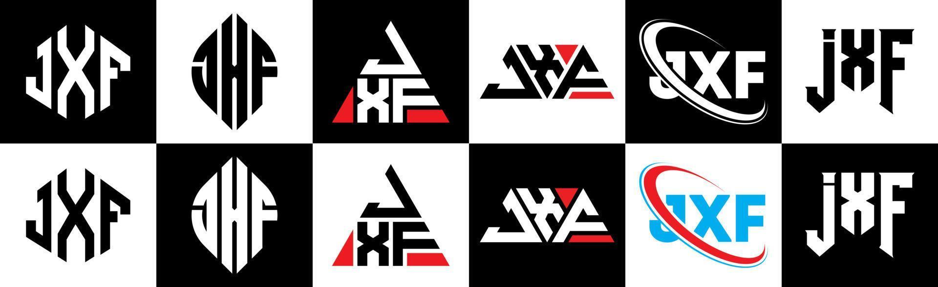 jxf brief logo ontwerp in zes stijl. jxf veelhoek, cirkel, driehoek, zeshoek, vlak en gemakkelijk stijl met zwart en wit kleur variatie brief logo reeks in een tekengebied. jxf minimalistische en klassiek logo vector