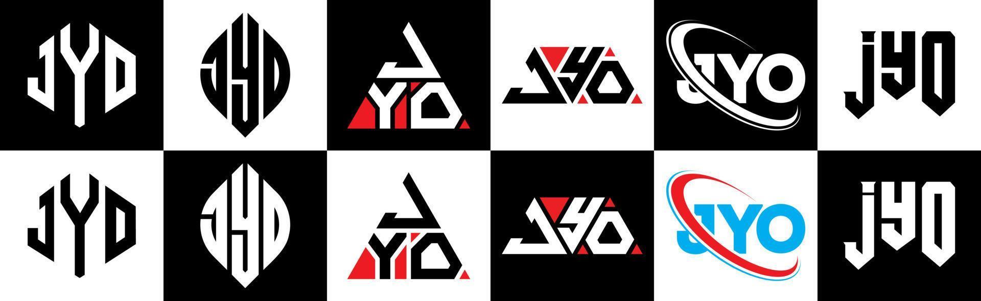jyo brief logo ontwerp in zes stijl. jyo veelhoek, cirkel, driehoek, zeshoek, vlak en gemakkelijk stijl met zwart en wit kleur variatie brief logo reeks in een tekengebied. jyo minimalistische en klassiek logo vector