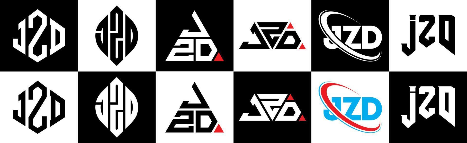 jzd brief logo ontwerp in zes stijl. jzd veelhoek, cirkel, driehoek, zeshoek, vlak en gemakkelijk stijl met zwart en wit kleur variatie brief logo reeks in een tekengebied. jzd minimalistische en klassiek logo vector