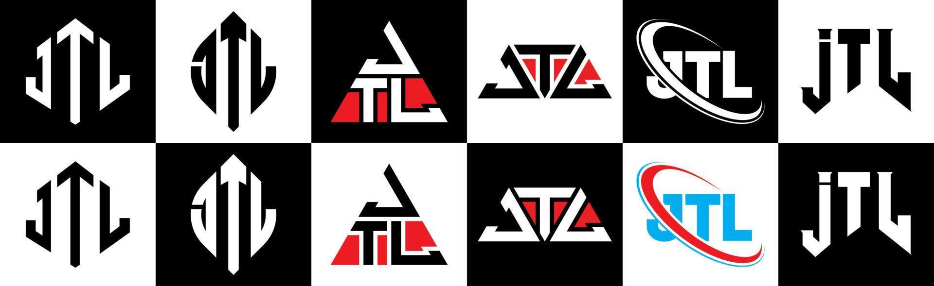 jtl brief logo ontwerp in zes stijl. jtl veelhoek, cirkel, driehoek, zeshoek, vlak en gemakkelijk stijl met zwart en wit kleur variatie brief logo reeks in een tekengebied. jtl minimalistische en klassiek logo vector