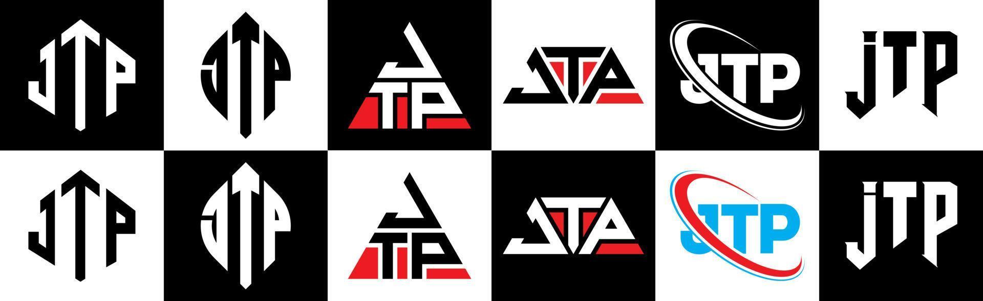 jtp brief logo ontwerp in zes stijl. jtp veelhoek, cirkel, driehoek, zeshoek, vlak en gemakkelijk stijl met zwart en wit kleur variatie brief logo reeks in een tekengebied. jtp minimalistische en klassiek logo vector