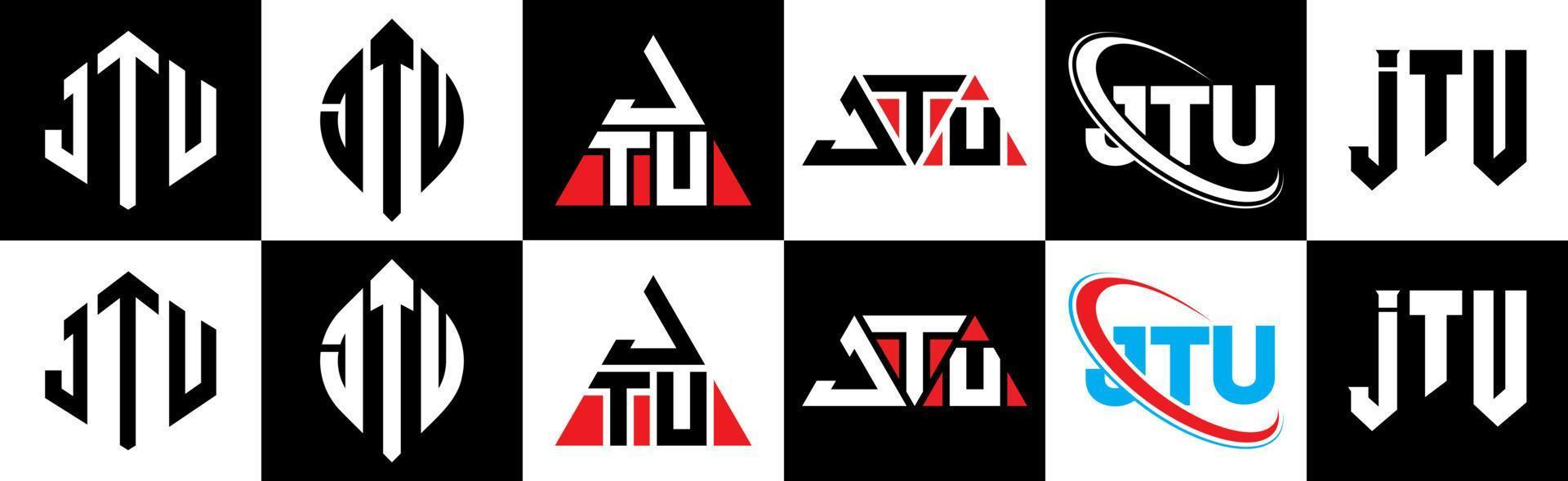 jtu brief logo ontwerp in zes stijl. jtu veelhoek, cirkel, driehoek, zeshoek, vlak en gemakkelijk stijl met zwart en wit kleur variatie brief logo reeks in een tekengebied. jtu minimalistische en klassiek logo vector