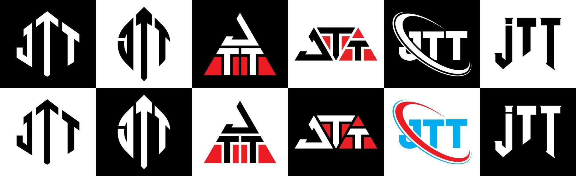 jtt brief logo ontwerp in zes stijl. jtt veelhoek, cirkel, driehoek, zeshoek, vlak en gemakkelijk stijl met zwart en wit kleur variatie brief logo reeks in een tekengebied. jtt minimalistische en klassiek logo vector