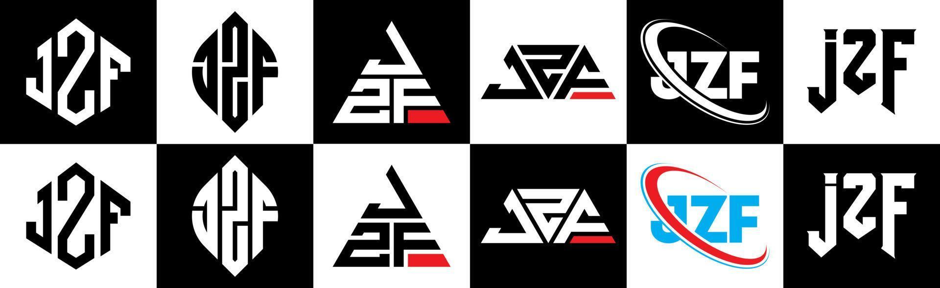 jzf brief logo ontwerp in zes stijl. jzf veelhoek, cirkel, driehoek, zeshoek, vlak en gemakkelijk stijl met zwart en wit kleur variatie brief logo reeks in een tekengebied. jzf minimalistische en klassiek logo vector