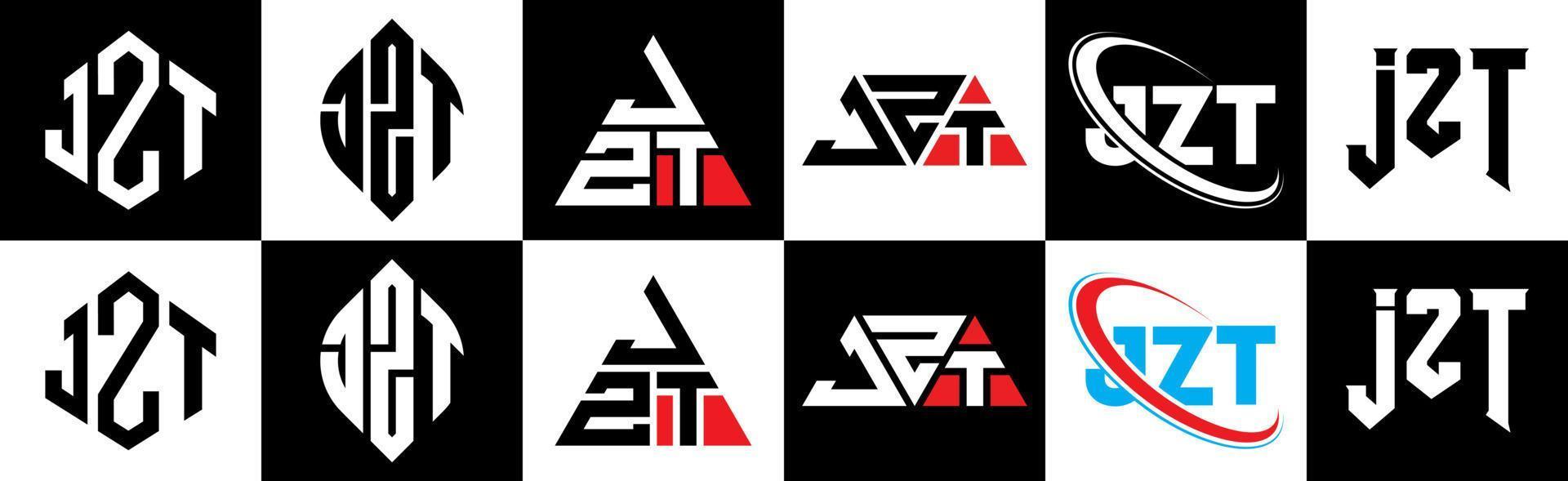 jzt brief logo ontwerp in zes stijl. jzt veelhoek, cirkel, driehoek, zeshoek, vlak en gemakkelijk stijl met zwart en wit kleur variatie brief logo reeks in een tekengebied. jzt minimalistische en klassiek logo vector