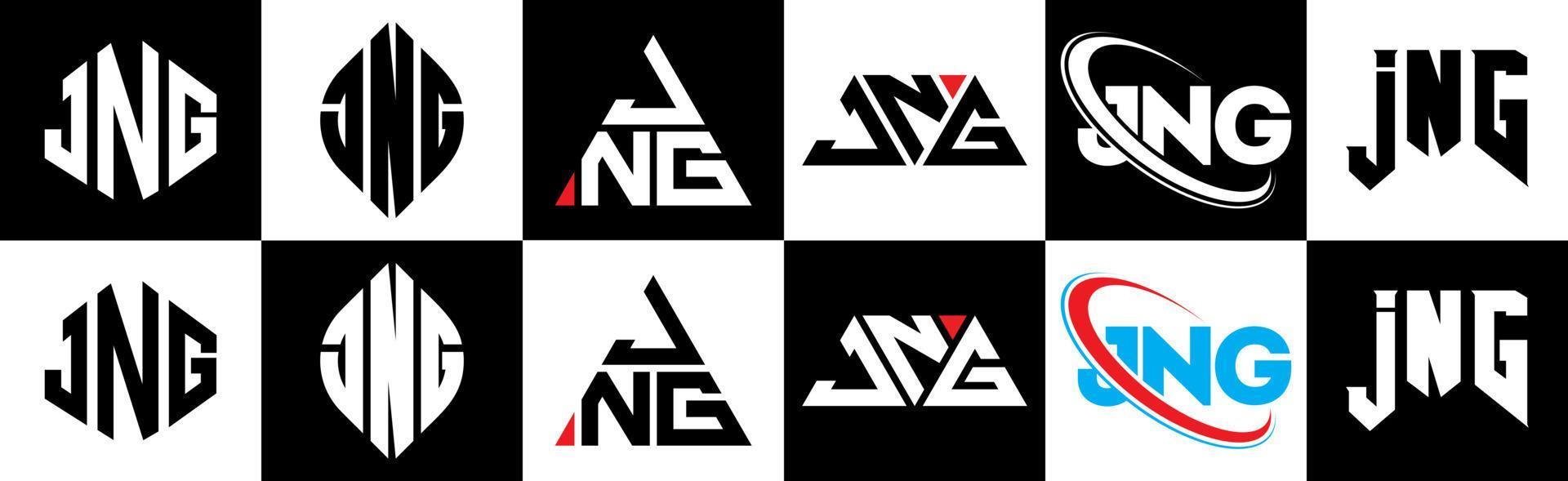 jng brief logo ontwerp in zes stijl. jng veelhoek, cirkel, driehoek, zeshoek, vlak en gemakkelijk stijl met zwart en wit kleur variatie brief logo reeks in een tekengebied. jng minimalistische en klassiek logo vector