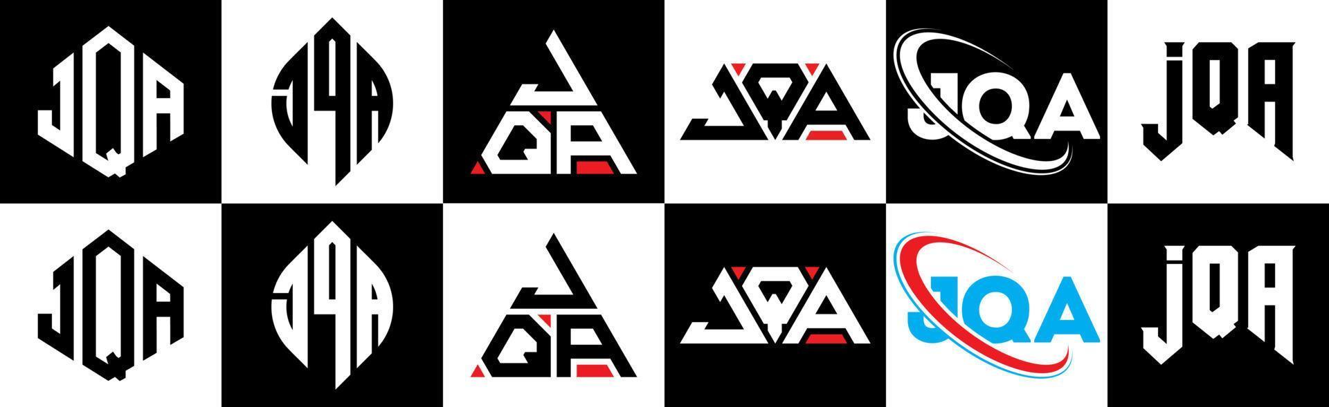 jqa brief logo ontwerp in zes stijl. jqa veelhoek, cirkel, driehoek, zeshoek, vlak en gemakkelijk stijl met zwart en wit kleur variatie brief logo reeks in een tekengebied. jqa minimalistische en klassiek logo vector