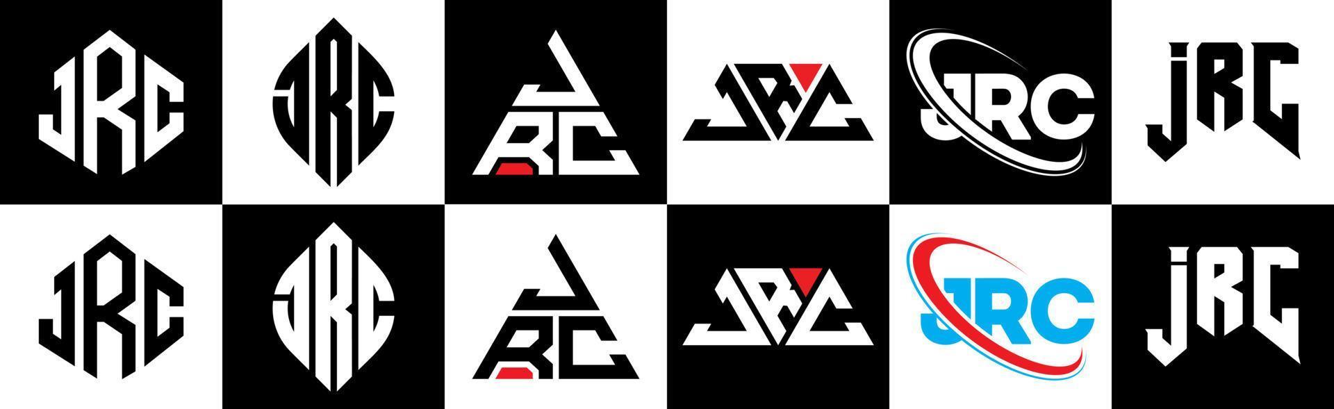 jrc brief logo ontwerp in zes stijl. jrc veelhoek, cirkel, driehoek, zeshoek, vlak en gemakkelijk stijl met zwart en wit kleur variatie brief logo reeks in een tekengebied. jrc minimalistische en klassiek logo vector