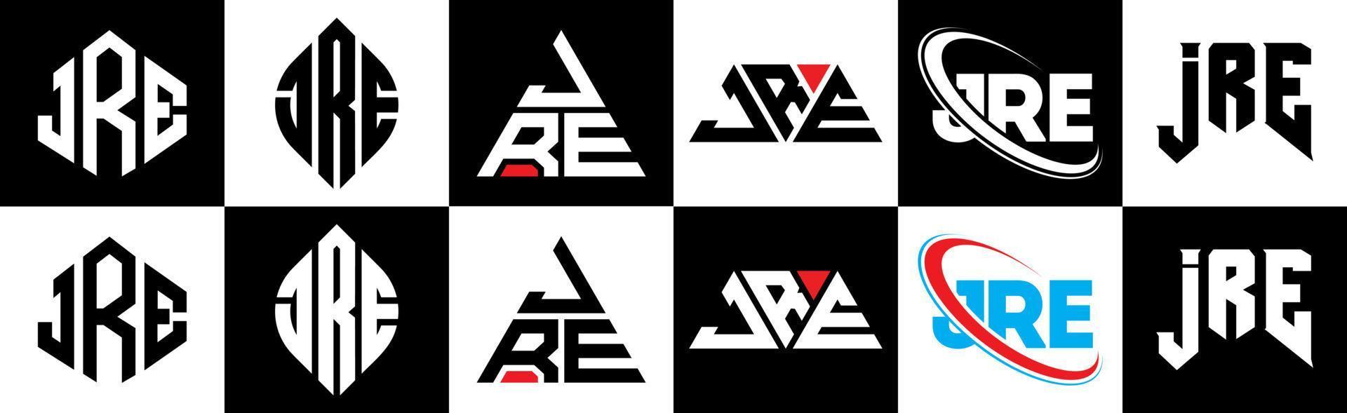 jre brief logo ontwerp in zes stijl. jre veelhoek, cirkel, driehoek, zeshoek, vlak en gemakkelijk stijl met zwart en wit kleur variatie brief logo reeks in een tekengebied. jre minimalistische en klassiek logo vector