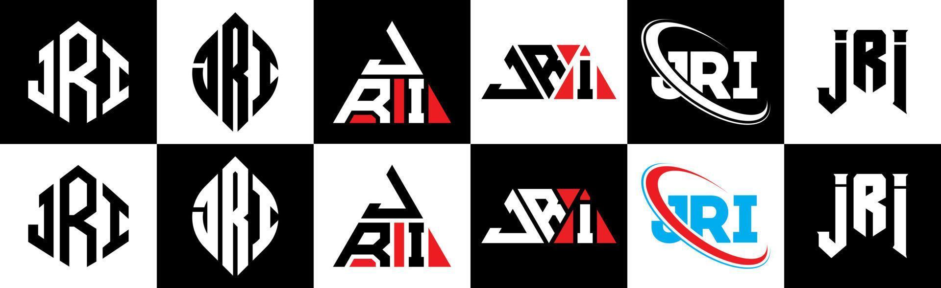 jri brief logo ontwerp in zes stijl. jri veelhoek, cirkel, driehoek, zeshoek, vlak en gemakkelijk stijl met zwart en wit kleur variatie brief logo reeks in een tekengebied. jri minimalistische en klassiek logo vector