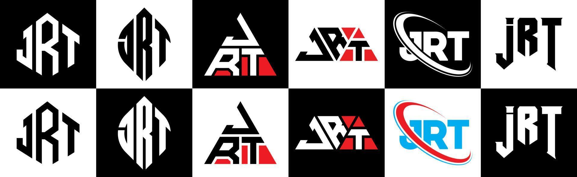 jrt brief logo ontwerp in zes stijl. jrt veelhoek, cirkel, driehoek, zeshoek, vlak en gemakkelijk stijl met zwart en wit kleur variatie brief logo reeks in een tekengebied. jrt minimalistische en klassiek logo vector