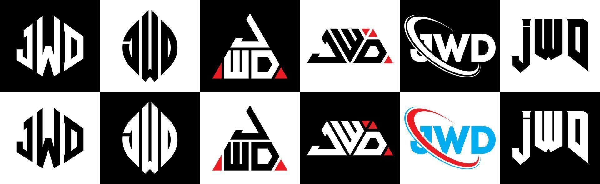 jwd brief logo ontwerp in zes stijl. jwd veelhoek, cirkel, driehoek, zeshoek, vlak en gemakkelijk stijl met zwart en wit kleur variatie brief logo reeks in een tekengebied. jwd minimalistische en klassiek logo vector