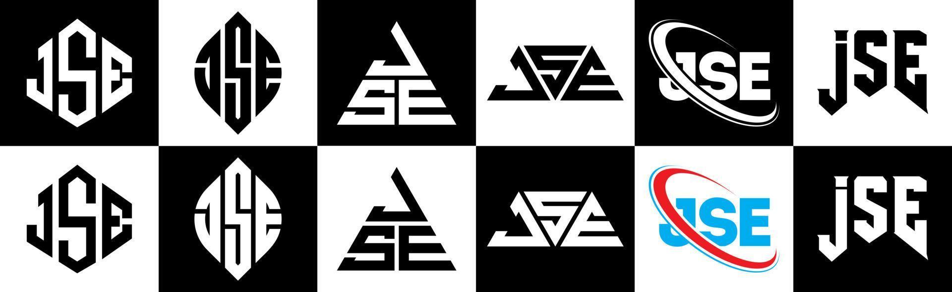 jse brief logo ontwerp in zes stijl. jse veelhoek, cirkel, driehoek, zeshoek, vlak en gemakkelijk stijl met zwart en wit kleur variatie brief logo reeks in een tekengebied. jse minimalistische en klassiek logo vector