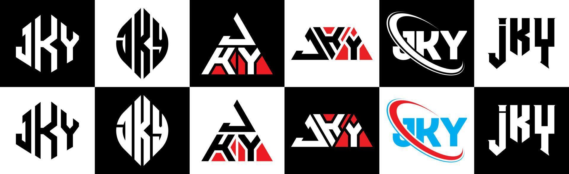 jky brief logo ontwerp in zes stijl. jky veelhoek, cirkel, driehoek, zeshoek, vlak en gemakkelijk stijl met zwart en wit kleur variatie brief logo reeks in een tekengebied. jky minimalistische en klassiek logo vector