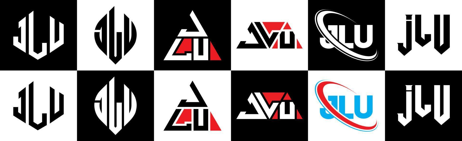 jlu brief logo ontwerp in zes stijl. jlu veelhoek, cirkel, driehoek, zeshoek, vlak en gemakkelijk stijl met zwart en wit kleur variatie brief logo reeks in een tekengebied. jlu minimalistische en klassiek logo vector