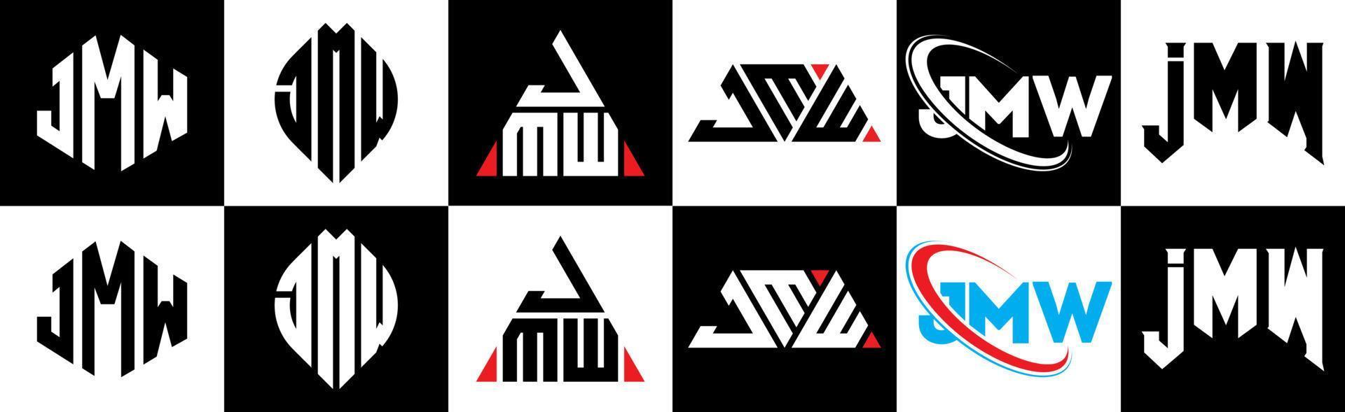 jmw brief logo ontwerp in zes stijl. jmw veelhoek, cirkel, driehoek, zeshoek, vlak en gemakkelijk stijl met zwart en wit kleur variatie brief logo reeks in een tekengebied. jmw minimalistische en klassiek logo vector