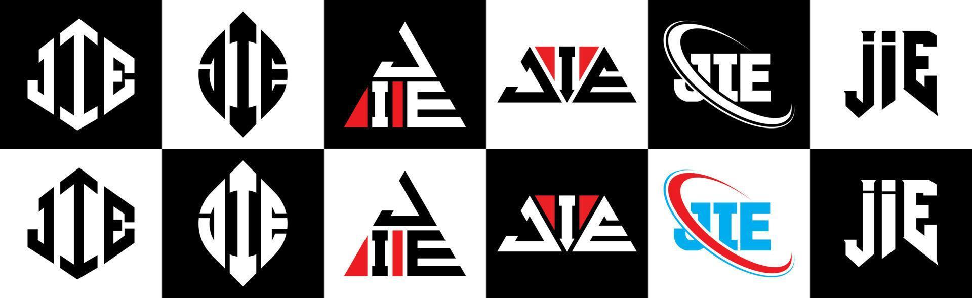 jie brief logo ontwerp in zes stijl. jie veelhoek, cirkel, driehoek, zeshoek, vlak en gemakkelijk stijl met zwart en wit kleur variatie brief logo reeks in een tekengebied. jie minimalistische en klassiek logo vector