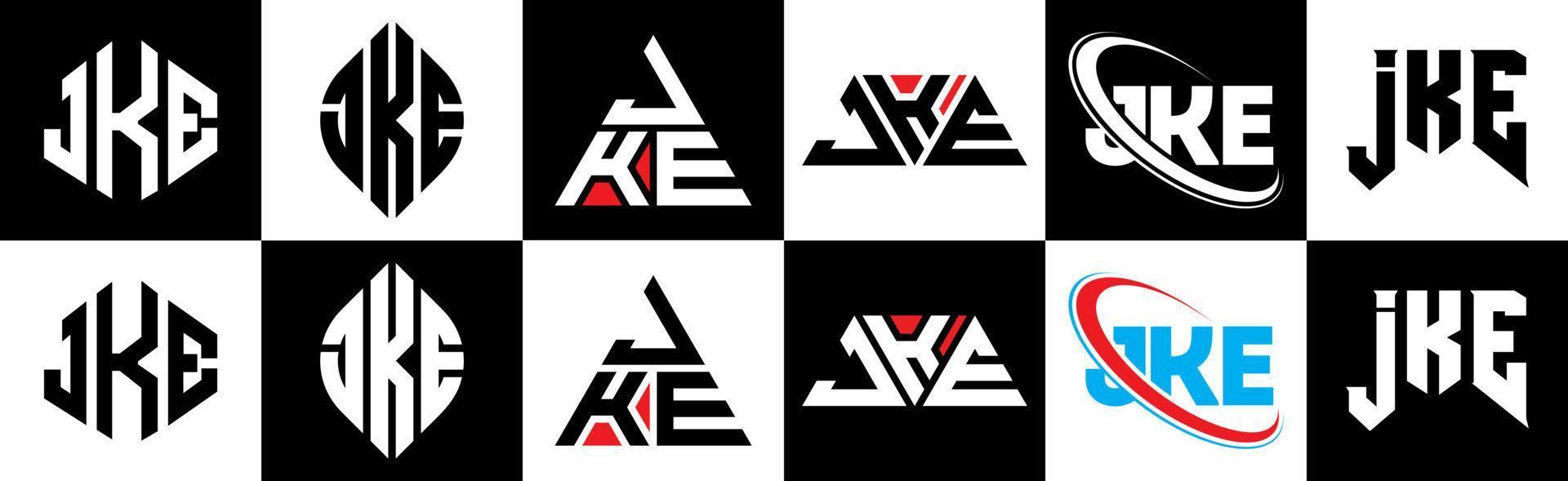 jke brief logo ontwerp in zes stijl. jke veelhoek, cirkel, driehoek, zeshoek, vlak en gemakkelijk stijl met zwart en wit kleur variatie brief logo reeks in een tekengebied. jke minimalistische en klassiek logo vector