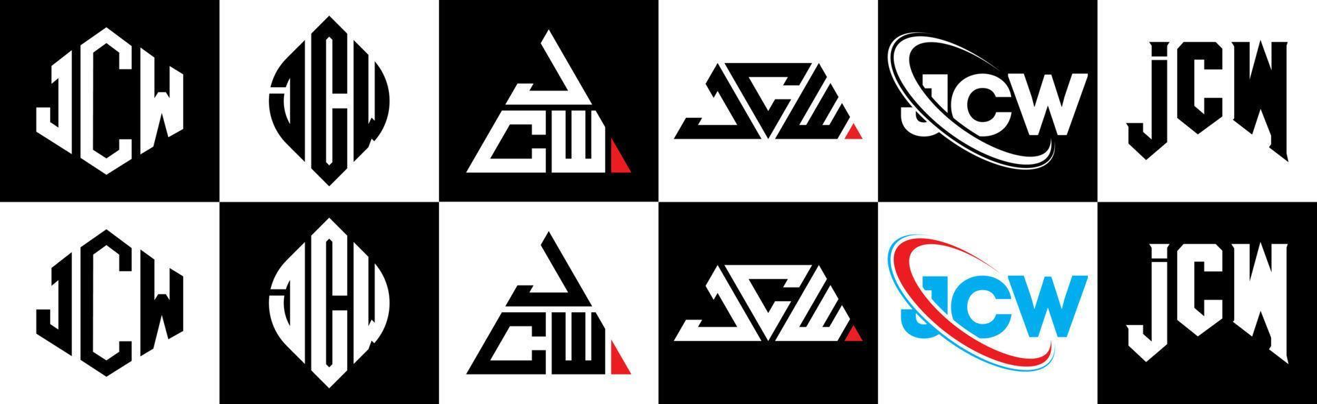 jcw brief logo ontwerp in zes stijl. jcw veelhoek, cirkel, driehoek, zeshoek, vlak en gemakkelijk stijl met zwart en wit kleur variatie brief logo reeks in een tekengebied. jcw minimalistische en klassiek logo vector