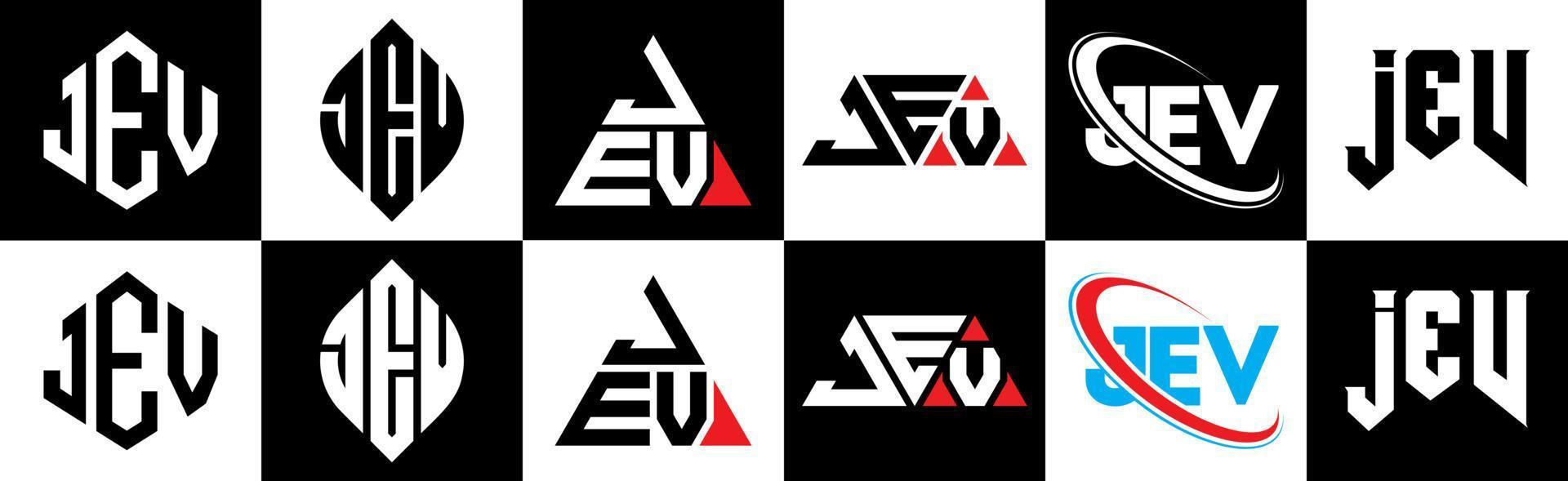 jev brief logo ontwerp in zes stijl. jev veelhoek, cirkel, driehoek, zeshoek, vlak en gemakkelijk stijl met zwart en wit kleur variatie brief logo reeks in een tekengebied. jev minimalistische en klassiek logo vector