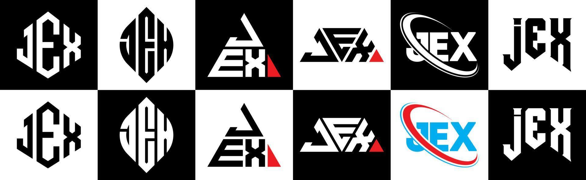 jex brief logo ontwerp in zes stijl. jex veelhoek, cirkel, driehoek, zeshoek, vlak en gemakkelijk stijl met zwart en wit kleur variatie brief logo reeks in een tekengebied. jex minimalistische en klassiek logo vector