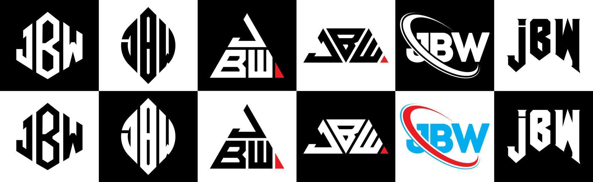 jbw brief logo ontwerp in zes stijl. jbw veelhoek, cirkel, driehoek, zeshoek, vlak en gemakkelijk stijl met zwart en wit kleur variatie brief logo reeks in een tekengebied. jbw minimalistische en klassiek logo vector