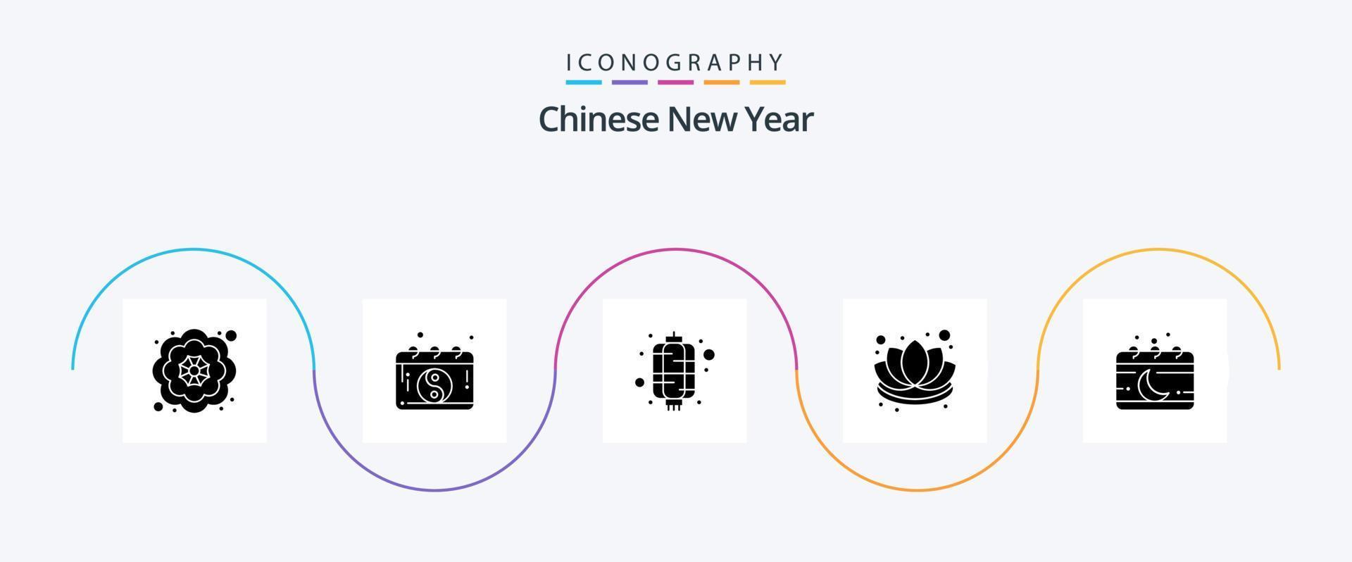 Chinese nieuw jaar glyph 5 icoon pak inclusief evenement. kalender. lantaarn. lotus. decoraties vector