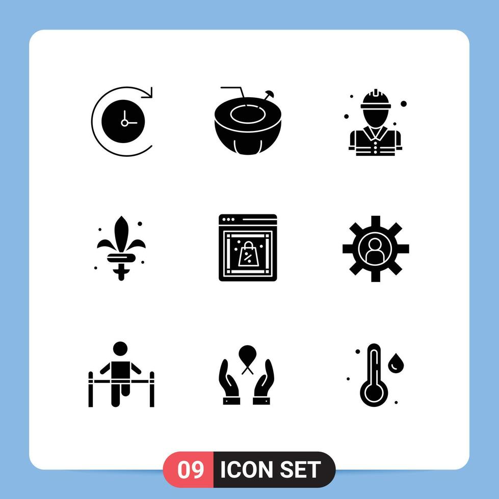 modern reeks van 9 solide glyphs pictogram van online cyber brandweerman korting wapen bewerkbare vector ontwerp elementen