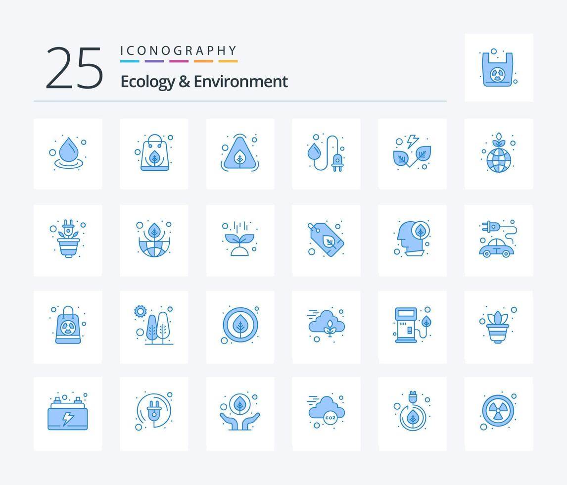 ecologie en milieu 25 blauw kleur icoon pak inclusief bladeren. water energie. eco. stekker. industrie vector
