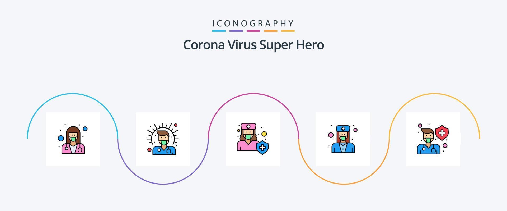 corona virus super held lijn gevulde vlak 5 icoon pak inclusief arts. dokter. mannetje. schild. geneeskunde vector