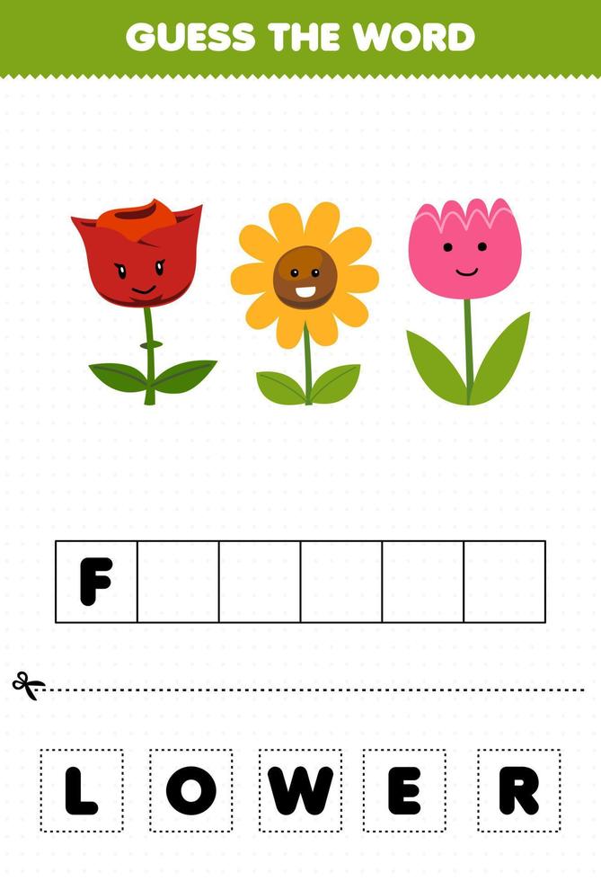 onderwijs spel voor kinderen Raad eens de woord brieven beoefenen van schattig tekenfilm bloem afdrukbare natuur werkblad vector