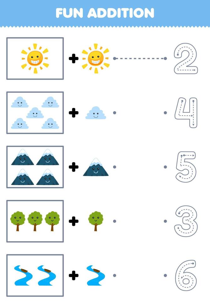 onderwijs spel voor kinderen pret tellen en toevoegen een meer tekenfilm zon wolk berg boom rivier- vervolgens Kiezen de correct aantal natuur werkblad vector