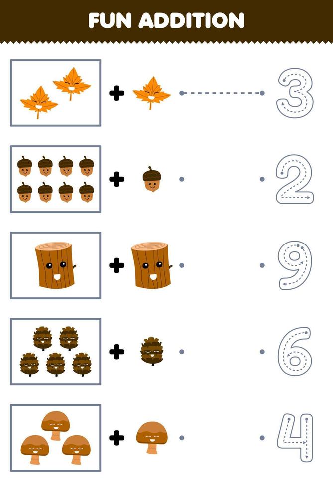 onderwijs spel voor kinderen pret tellen en toevoegen een meer tekenfilm esdoorn- blad eikel- hout log dennenappel paddestoel vervolgens Kiezen de correct aantal natuur werkblad vector