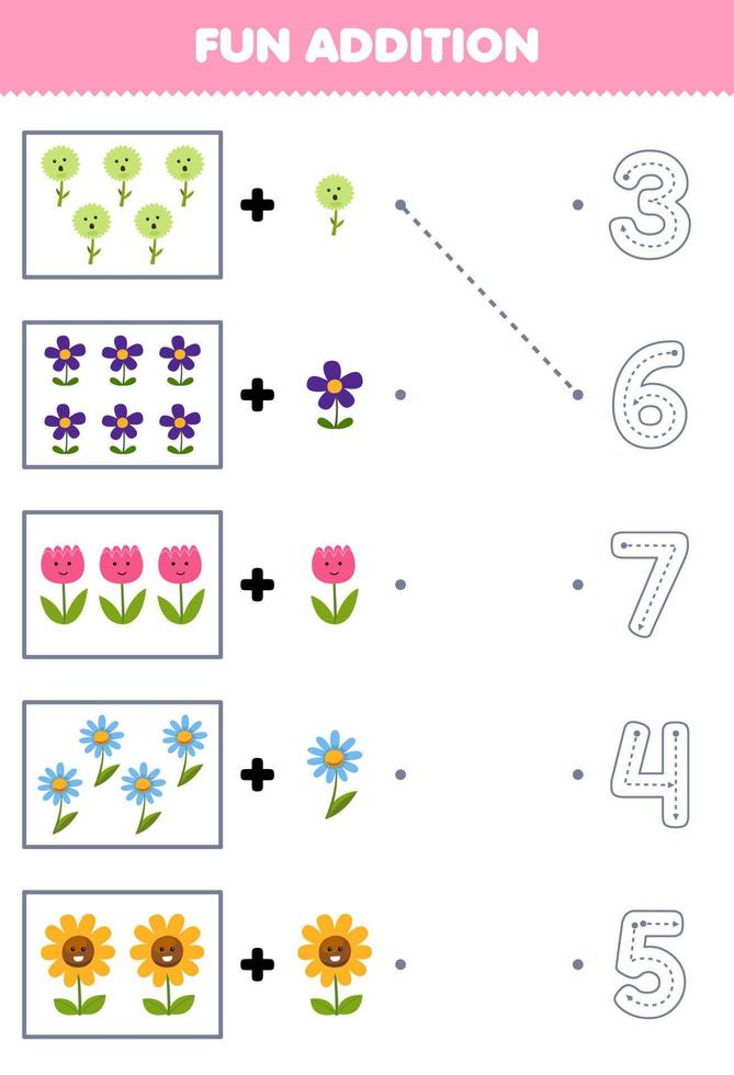 onderwijs spel voor kinderen pret tellen en toevoegen een meer tekenfilm bloem vervolgens Kiezen de correct aantal natuur werkblad vector