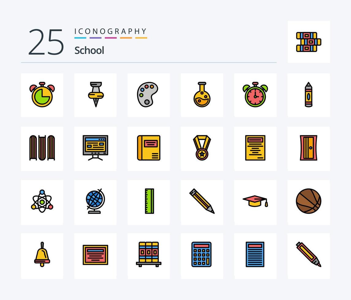 school- 25 lijn gevulde icoon pak inclusief tekening. onderwijs. onderwijs. klok. laboratorium vector