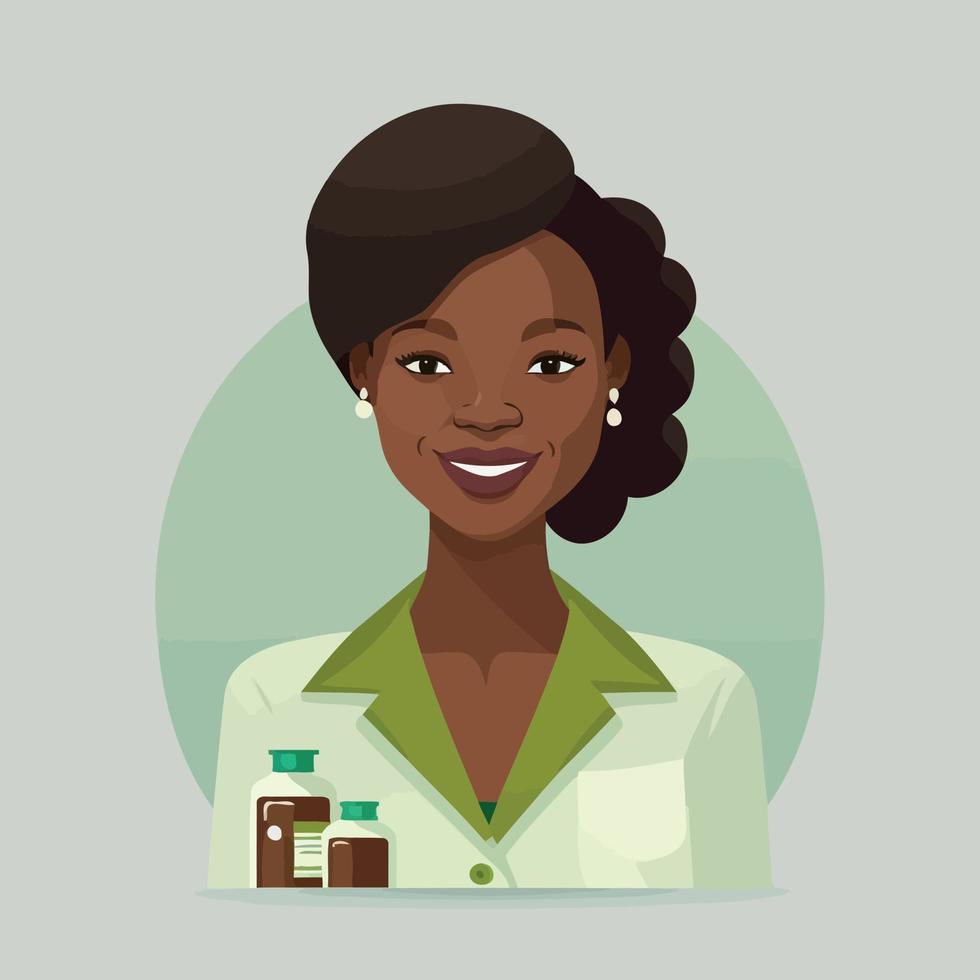 een volwassen zwart vrouw werken een apotheker, met plank van apotheek verdovende middelen in de achtergrond vector