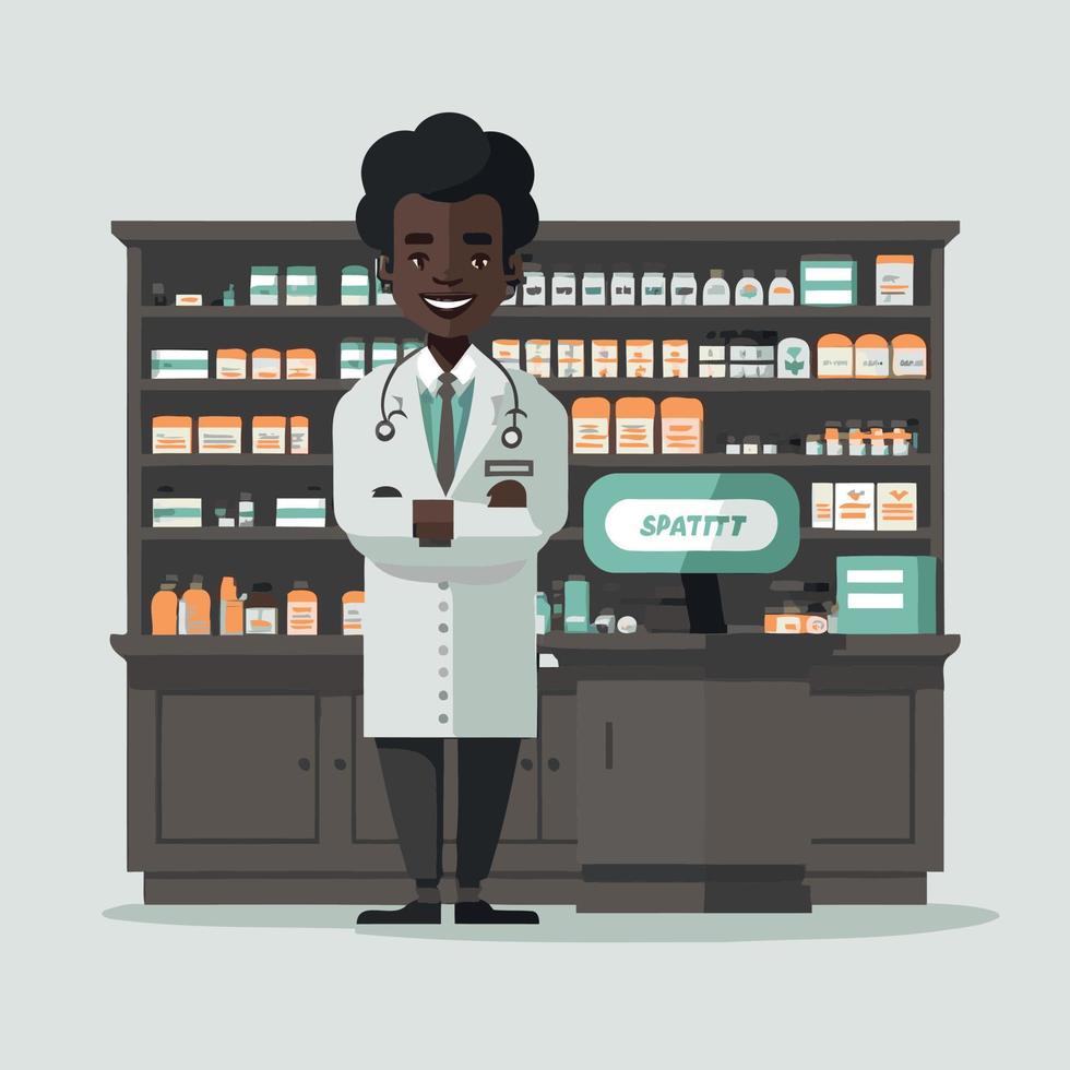 een volwassen zwart Mens werken een apotheker, met plank van apotheek verdovende middelen in de achtergrond vector