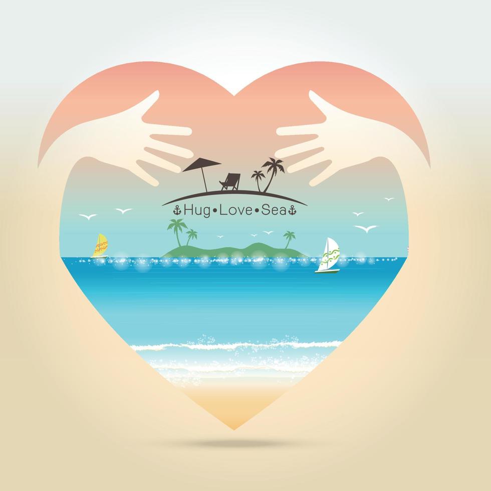 mooi zeegezicht zomer in hart met knuffel hand- concept vector