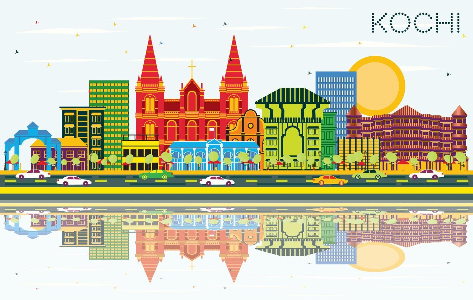 kochi Indië stad horizon met kleur gebouwen, blauw lucht en reflecties. vector