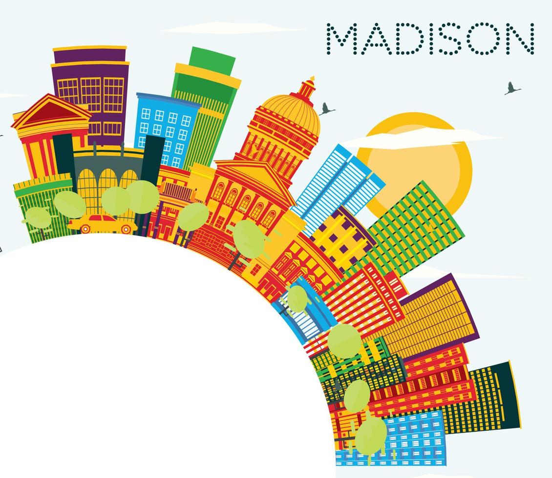 Madison Wisconsin horizon met kleur gebouwen, blauw lucht en kopiëren ruimte. vector