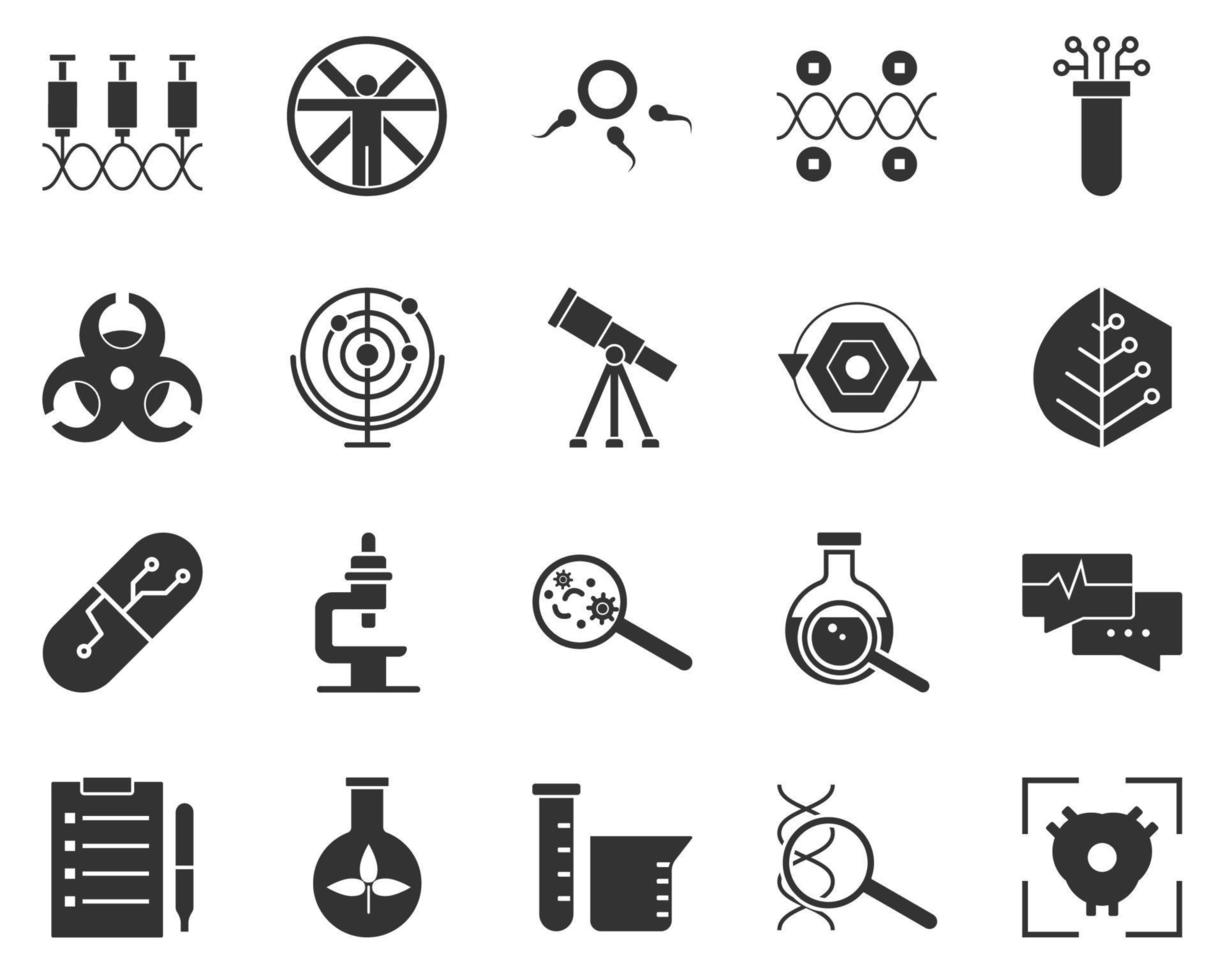 elektronisch, hart, biologie. bio-engineering glyph pictogrammen set. biotechnologie voor Gezondheid, onderzoeken, materialen creëren. moleculair biologie, biomedisch en moleculair bouwkunde . vector