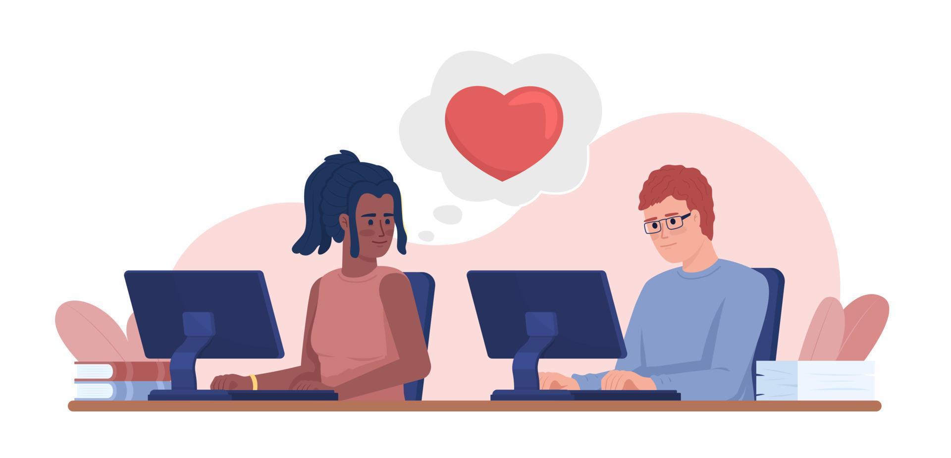 kantoor romance 2d vector geïsoleerd illustratie. jong vrouw werknemer vallend in liefde met collega vlak tekens Aan tekenfilm achtergrond. kleurrijk bewerkbare tafereel voor mobiel, website, presentatie