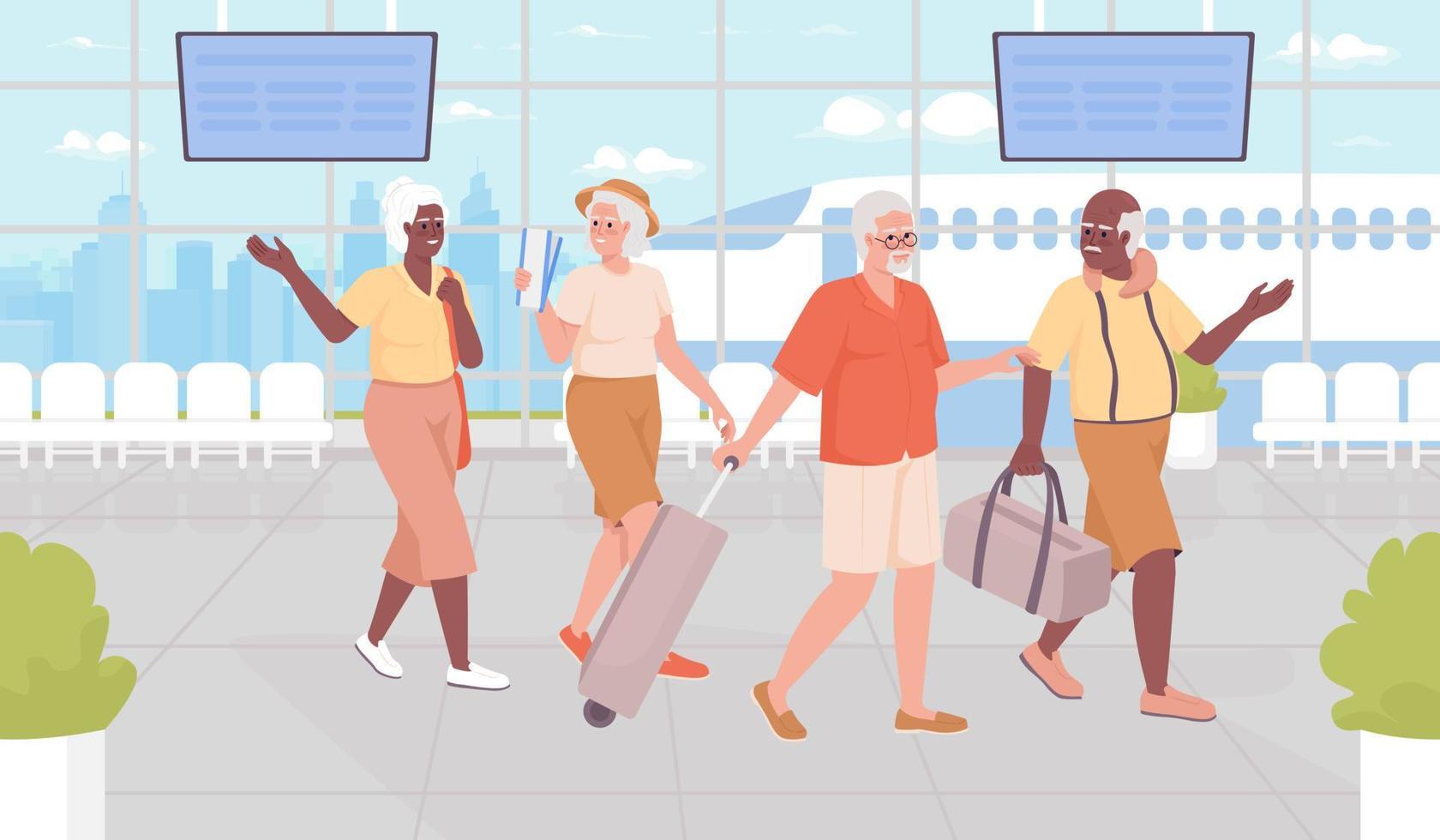 reizen bestemming voor gepensioneerden vlak kleur vector illustratie. gelukkig senior reizigers reizen samen. ten volle bewerkbare 2d gemakkelijk tekenfilm tekens met luchthaven terminal Aan achtergrond