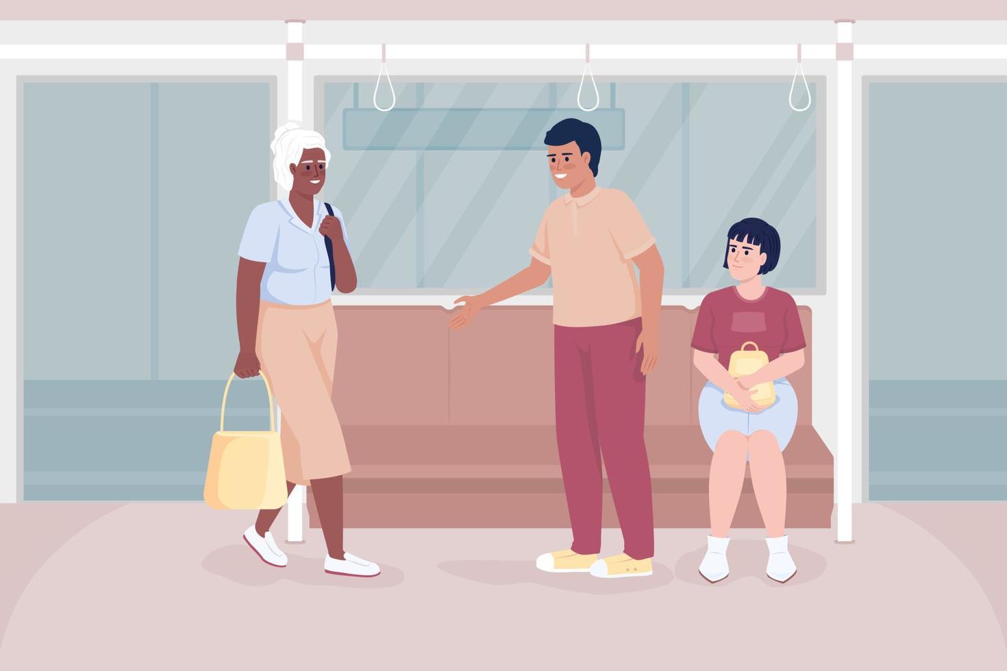 openbaar doorvoer etiquette vlak kleur vector illustratie. Mens geven omhoog stoel naar senior dame Aan openbaar vervoer. ten volle bewerkbare 2d gemakkelijk tekenfilm tekens met bus, metro interieur Aan achtergrond