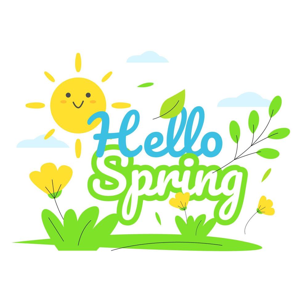 tekst achtergrond Hallo voorjaar seizoen kaart met zon, planten, bladeren en bloemen decoratie. vlak ontwerp illustratie vector eps10