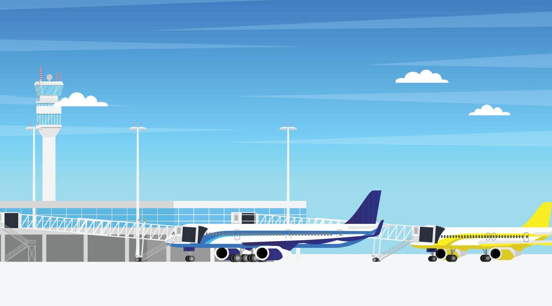 luchthaven vliegveld terminal gebouw met vliegtuig vliegtuig parkeren Bij vertrek poort en aero pad manier brug verbonden naar luchthaven terminal hal in minimaal ontwerp vector