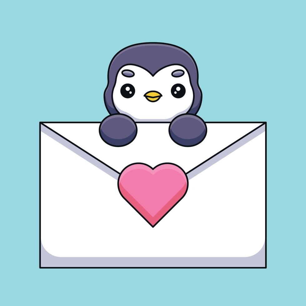 schattig pinguïn Holding een liefde brief tekenfilm mascotte tekening kunst hand- getrokken schets concept vector kawaii icoon illustratie