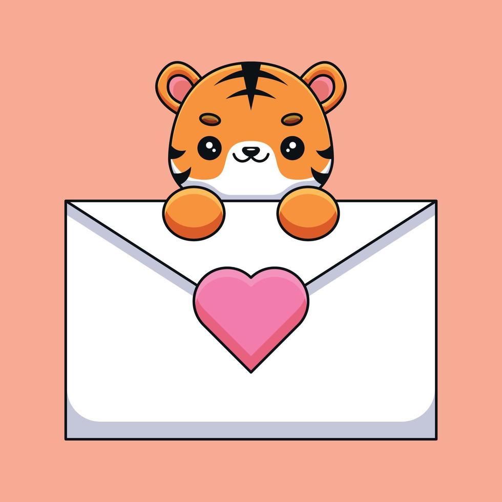 schattig tijger Holding een liefde brief tekenfilm mascotte tekening kunst hand- getrokken schets concept vector kawaii icoon illustratie